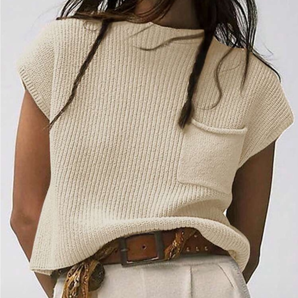 Cream Knit Sleeveless Sweater Vest with Pocket